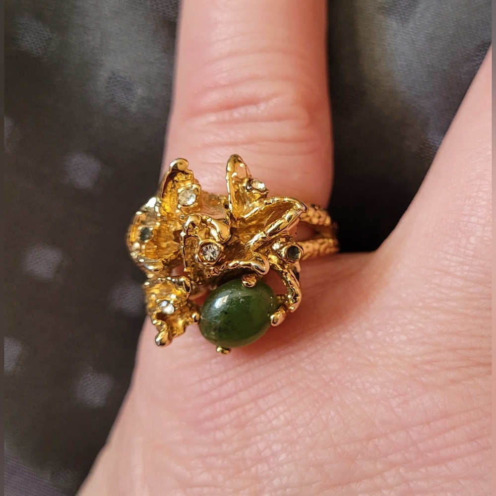 8K GE Yellow Gold & Jadeite Oval Stone Rhinestone Gemstone Ring
